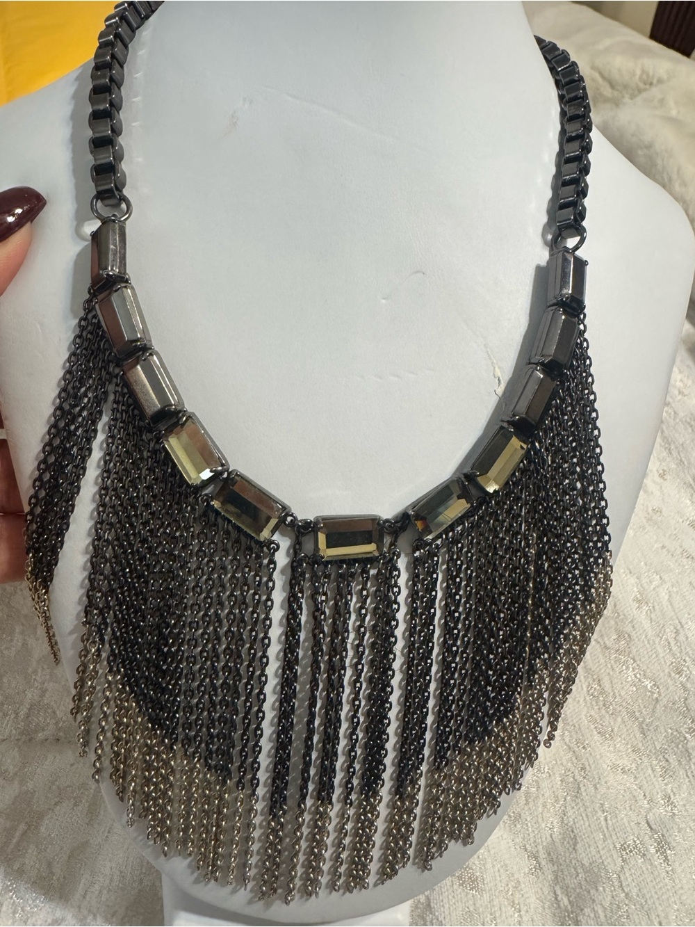 Ann Taylor Gunmetal Fringe Necklace with Smoky Faceted Stones